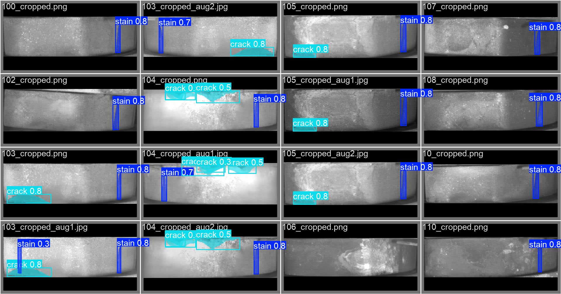 Validation predictions on cropped pads showing stain and crack masks with confidence scores.