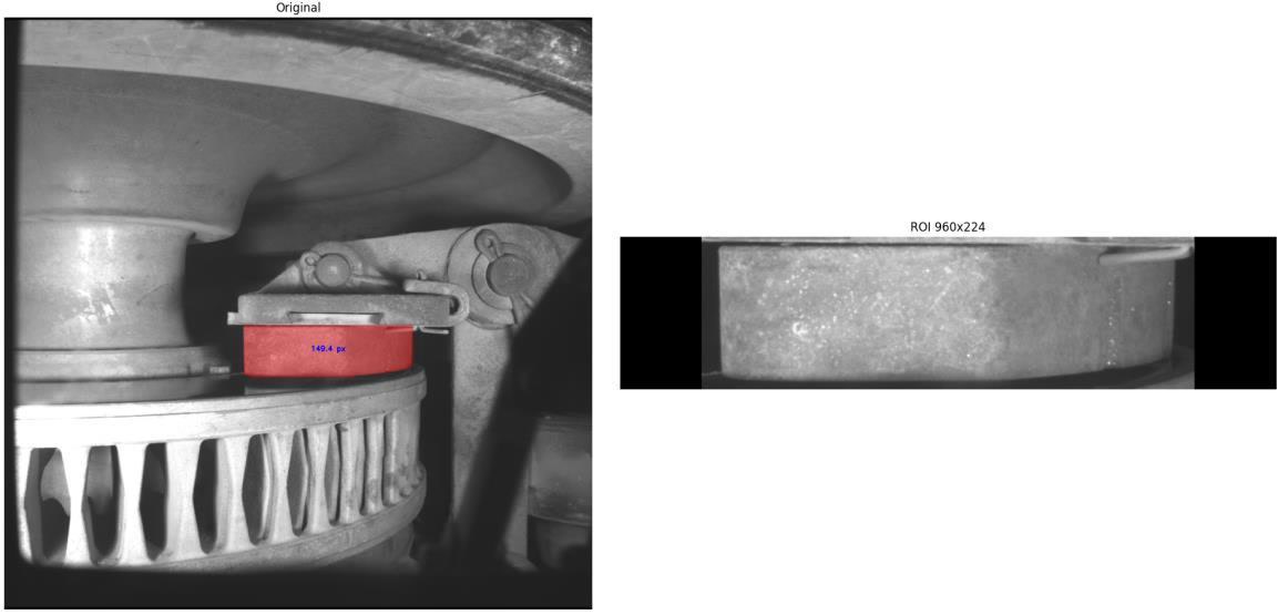 A full railway component image with the pad region marked in red on the left; the cropped pad on the right.