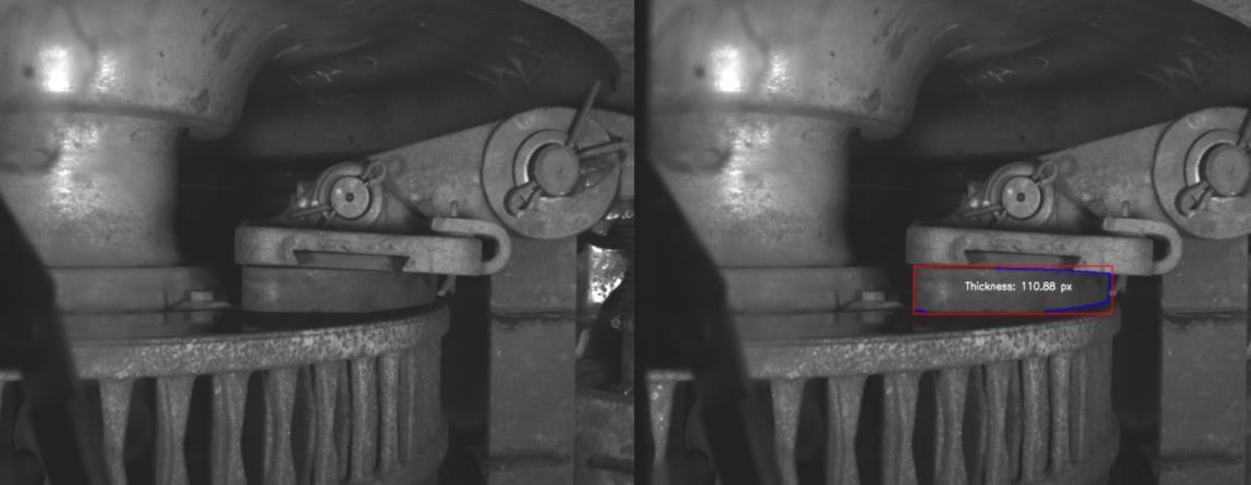 Before and after views of the same image, with a pad boundary and a 110.88 px thickness label on the right.