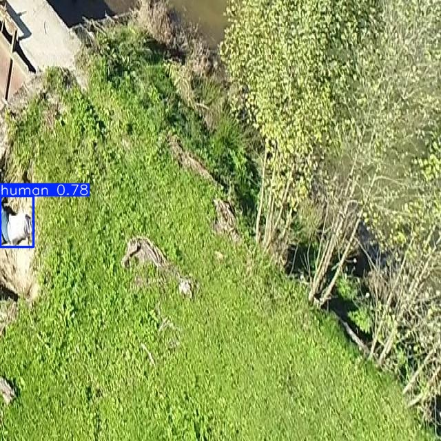 Havadan çekilmiş yeşil bir yamaç ve çalılık; sol kenarda kısmen görünen bir kişi 0.78 güvenle insan olarak işaretlenmiş.